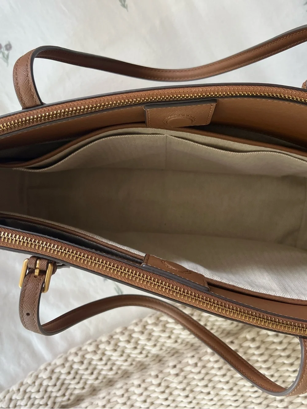 Tory Burch Cognac Saffiano Leather Tote with Gold Logo